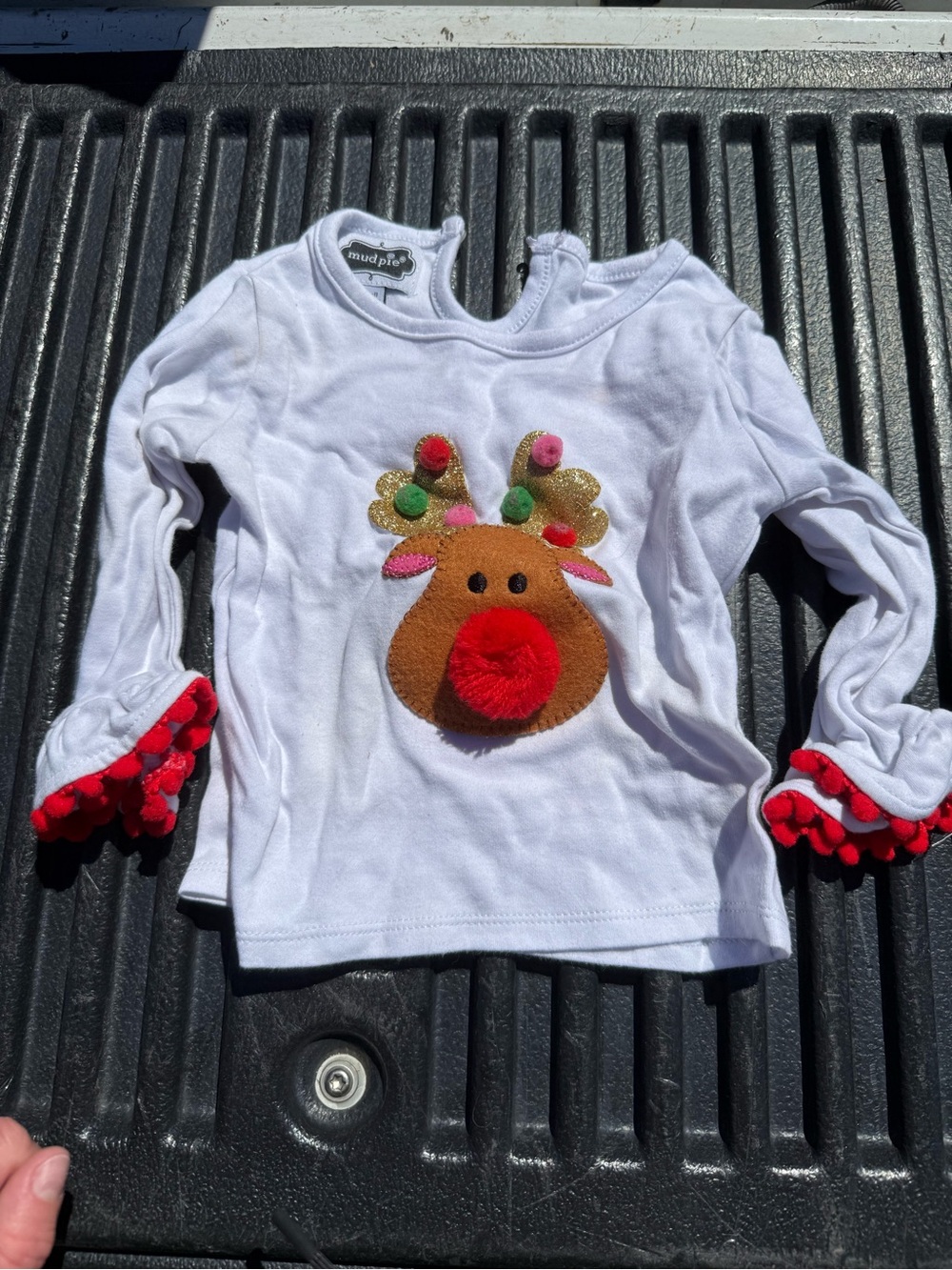 Mud Pie White Long-Sleeve Girls Reindeer Top with Red Pom Cuffs